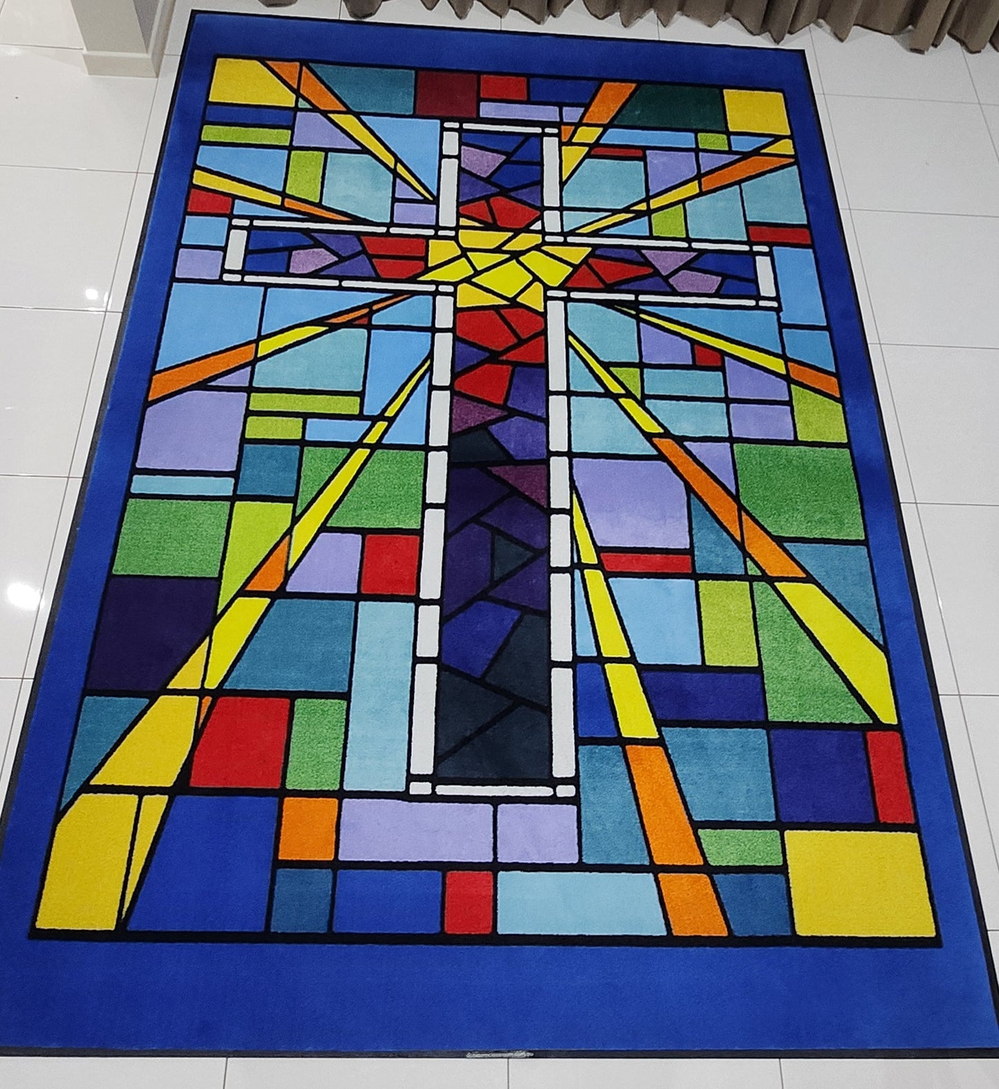 Faith Based Classroom Mat - Stained Glass Window Cross - 2m x 3m