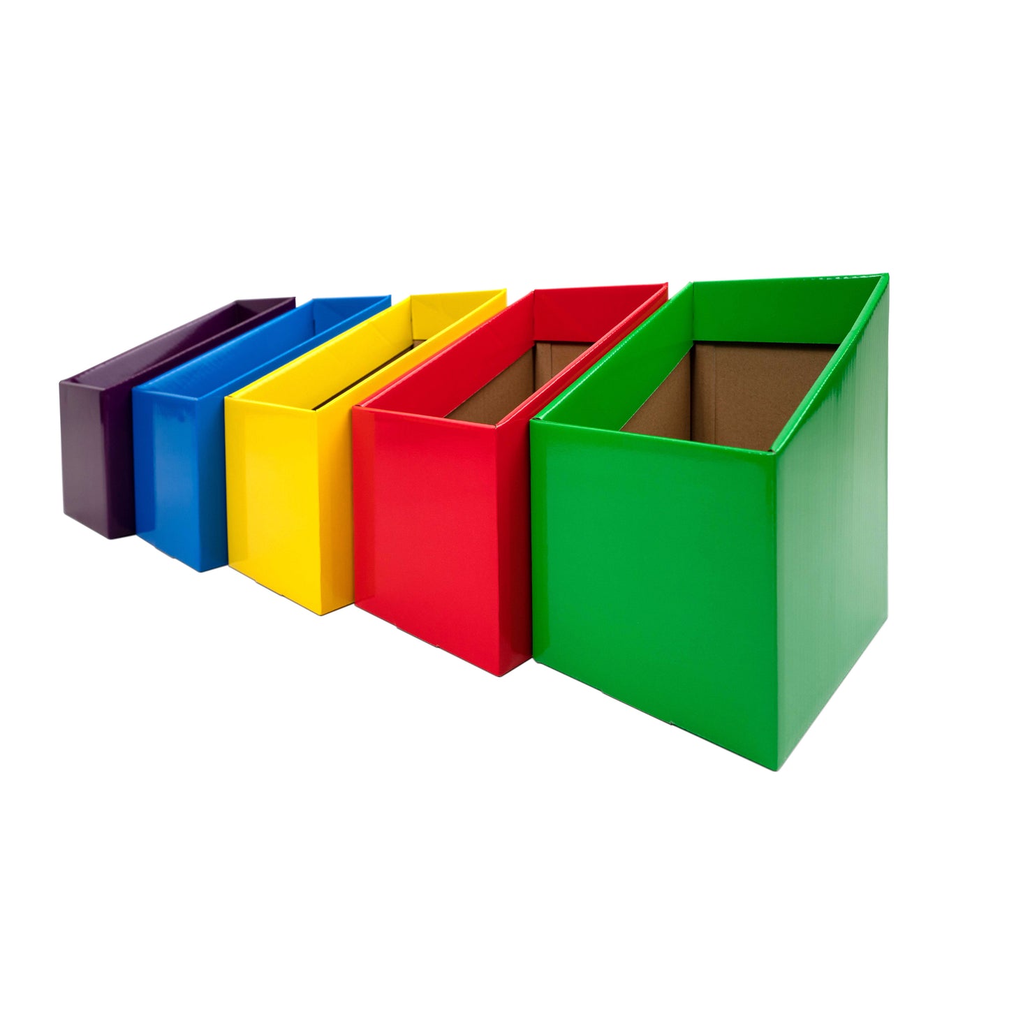 Multicoloured Book boxes set of 5, reader boxes, school & classroom storage boxes, high back | Bloom Classroom Sydney