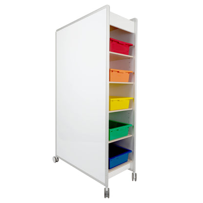 Whiteboard Mobile Huddle - Dual Sided with 10 colourful Tote Trays or 10 grey storage baskets.